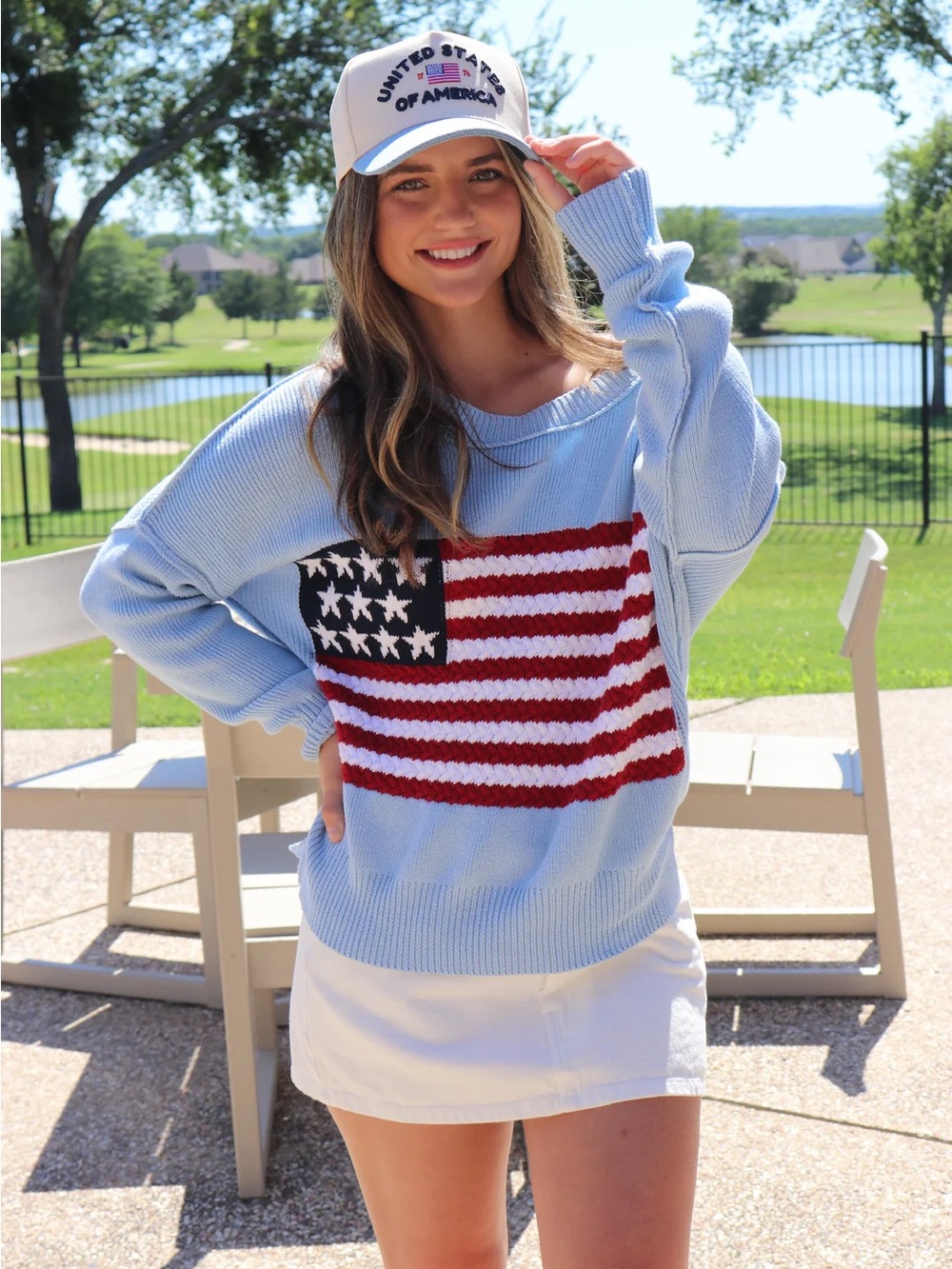 American Flag Crochet Sweater- Blue